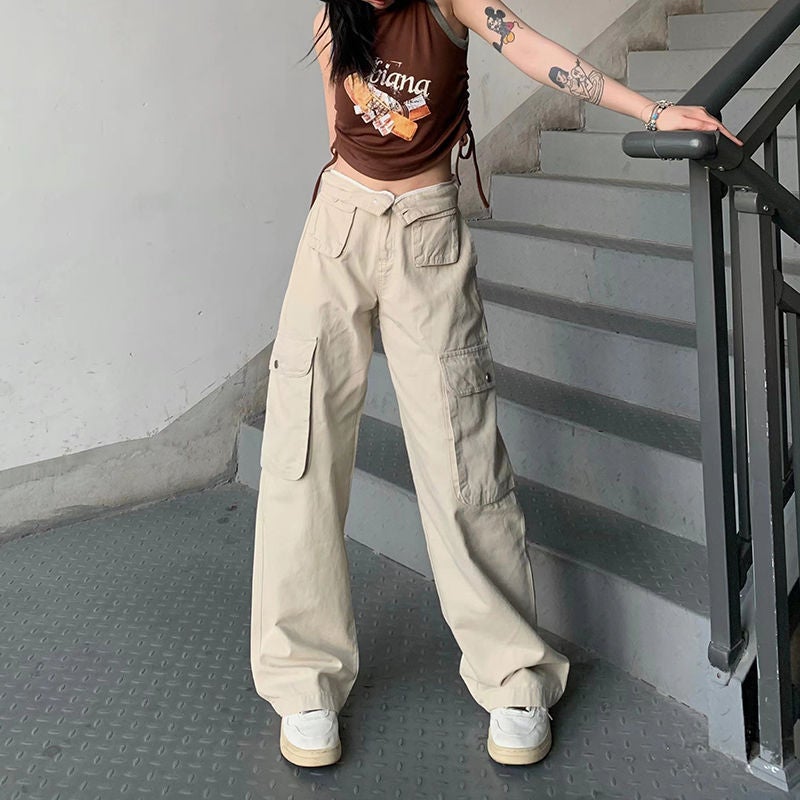 2023 New American Style Retro Large Pocket High Waist Caught Pants For Men And Women Loose Slimming Straight Casual Pants Trendy Trousers - Image 3