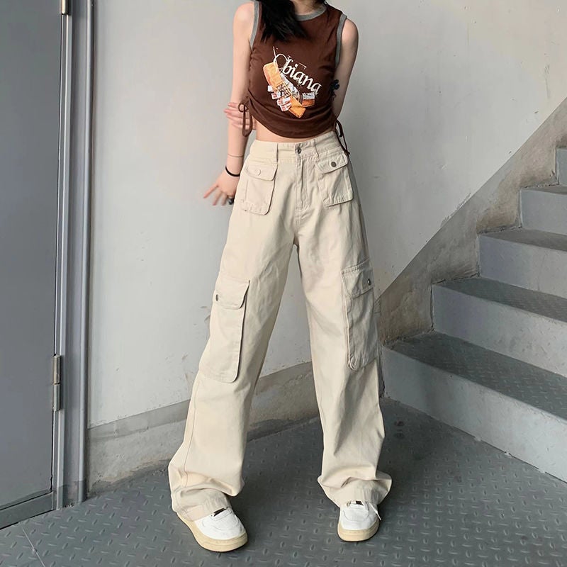 2023 New American Style Retro Large Pocket High Waist Caught Pants For Men And Women Loose Slimming Straight Casual Pants Trendy Trousers - Image 2