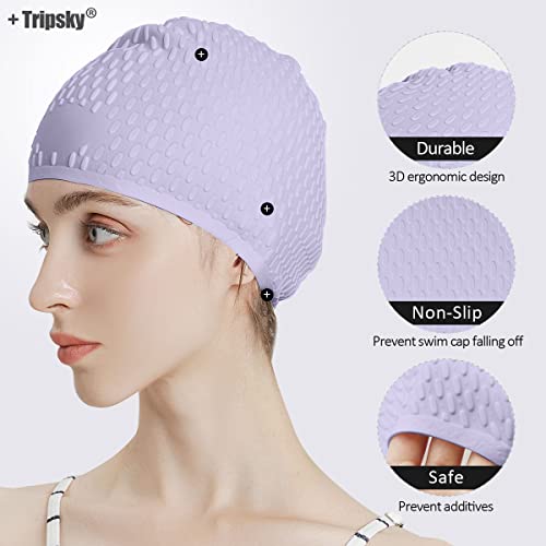 Tripsky Silicone Swim Cap,Comfortable Bathing Cap Ideal for Curly Short Medium Long Hair, Swimming Cap for Women and Men, Shower Caps Keep Hairstyle Unchanged (Taro Purple) - Image 2