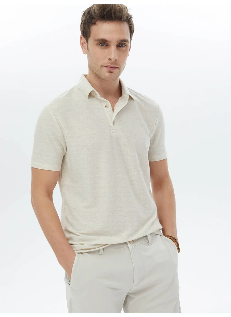 Kip Beige Polo Neck Linen Blend T-Shirt