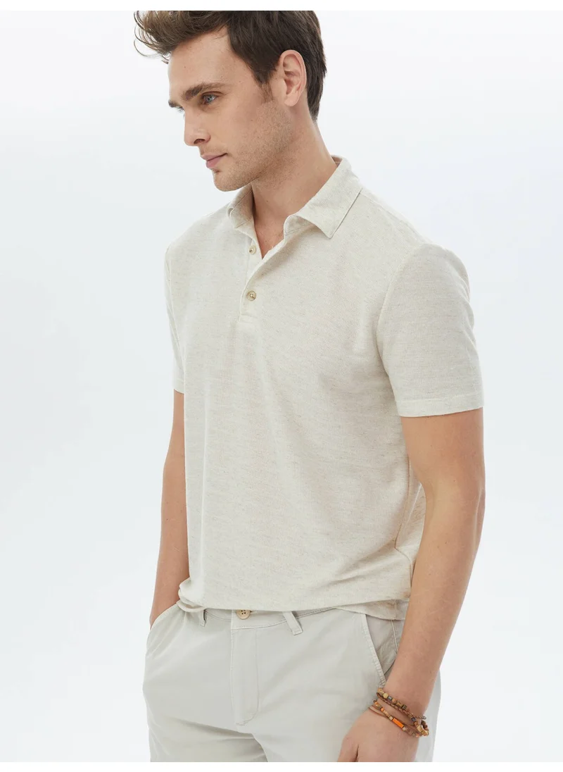 Kip Beige Polo Neck Linen Blend T-Shirt
