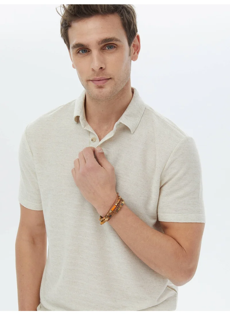 Kip Beige Polo Neck Linen Blend T-Shirt