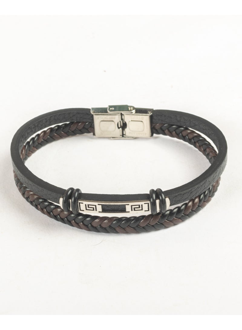 2 Layered Stainless Steel & Black & Brown Leather Bracelet For Men
