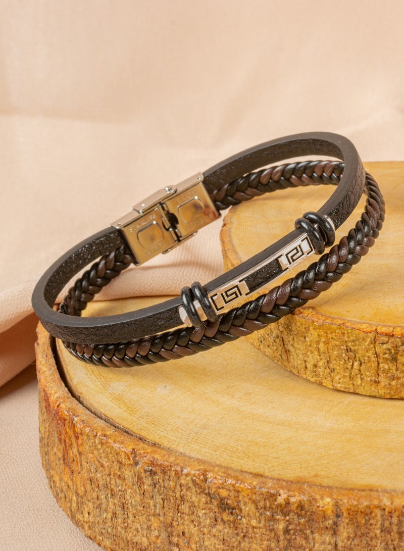 2 Layered Stainless Steel & Black & Brown Leather Bracelet For Men