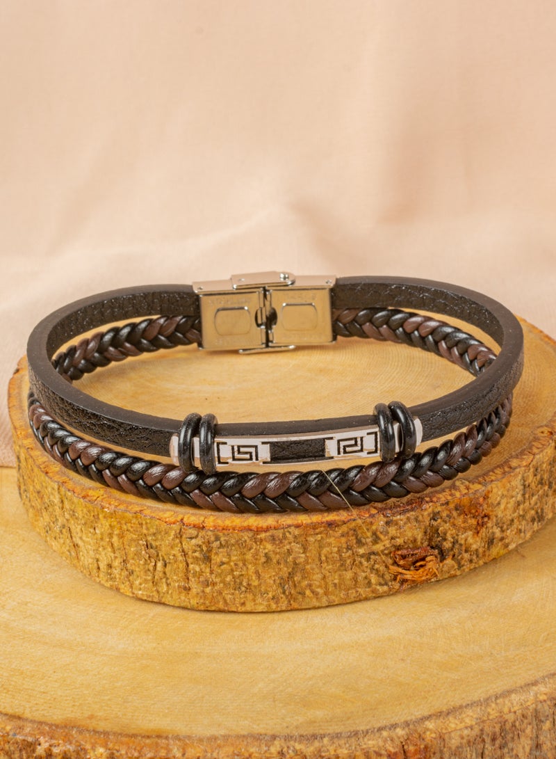 2 Layered Stainless Steel & Black & Brown Leather Bracelet For Men