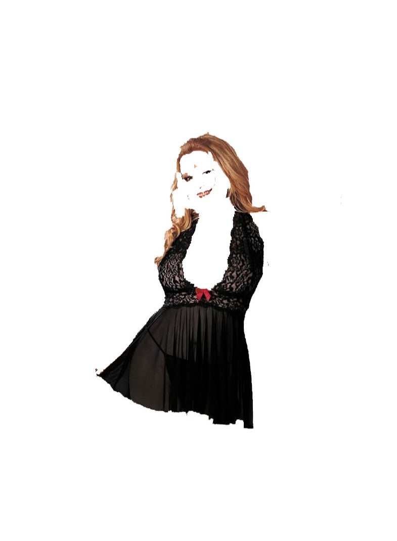 Women Large Size Babydoll Lingerie See Through Lace Embroidery Gown Dress
