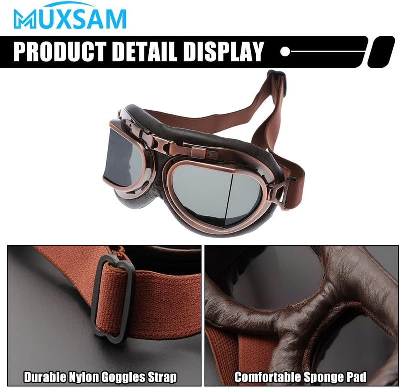 MUXSAM Vintage Motorcycle Goggles, ATV Motocross Goggles, Dirt Bike Racing Riding Off Road Scooter Glasses, Windproof Dustproof Eyewear for Adults Men Women, Copper Frame Smoke Lens - Image 4