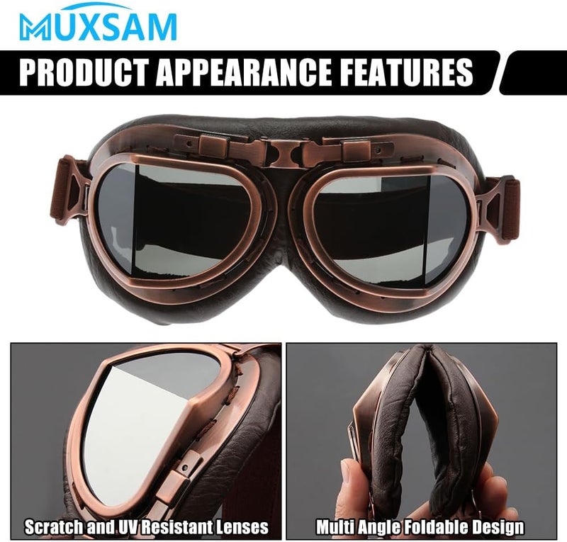 MUXSAM Vintage Motorcycle Goggles, ATV Motocross Goggles, Dirt Bike Racing Riding Off Road Scooter Glasses, Windproof Dustproof Eyewear for Adults Men Women, Copper Frame Smoke Lens - Image 3
