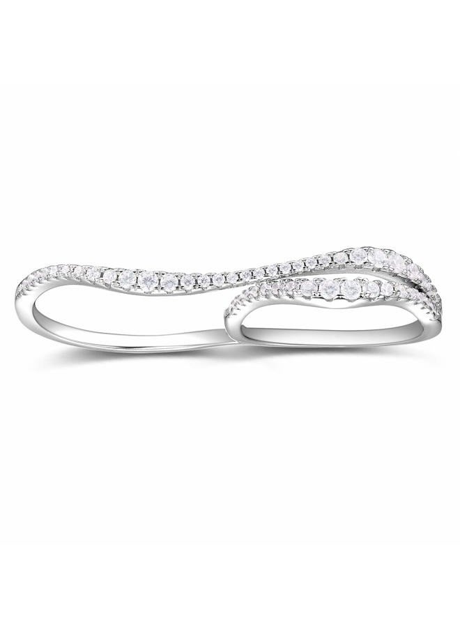 espere Rhodium Plated Sterling Silver 925 Double Finger Ring for Women, 8, 9, White Gold,Sterling Silver,Silver, Cubic Zirconia - Image 1