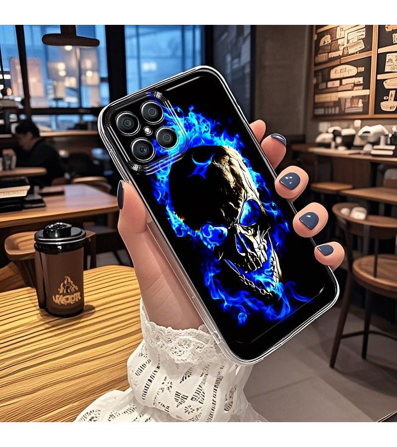 Protective Phone Case with Skull Pattern Golden and Blue Flame Design Compatible with Honor X7C 5G Mixed Color - Image 4