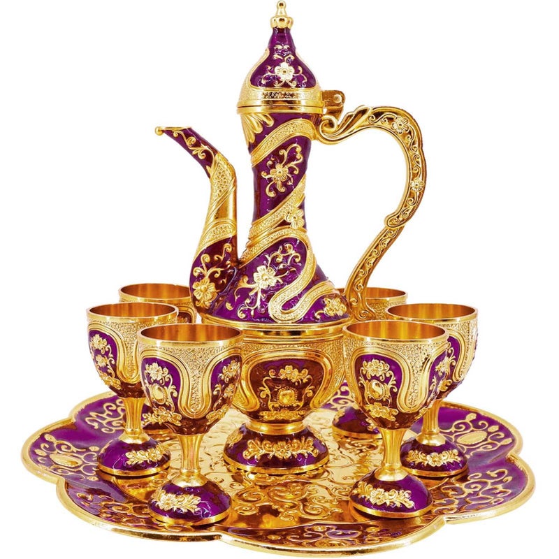 Vintage Turkish Coffee Pot and Cups SetTea Service Set Including TeapotTea Tray and Metal Cups for Wine Cabinet DecorWedding Ornaments Gold and Purple