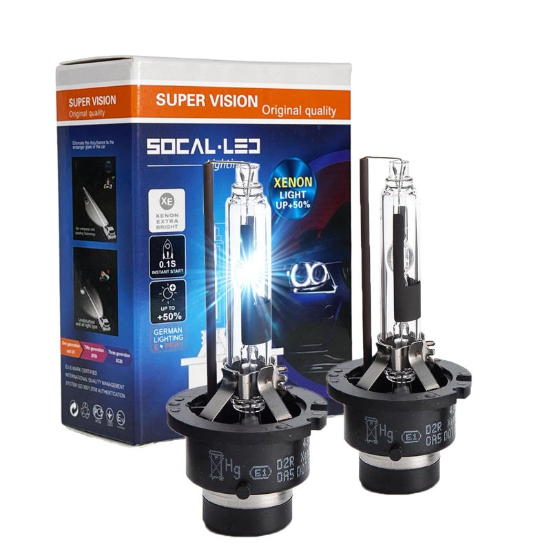 SOCAL-LED LIGHTING مصابيح أمامية هالوجين HID Xenon D2R 35W من SOCAL-LED LIGHTING - 8000K أزرق جليدي - 85126UB 66250 85126WX بديل مباشر عالي ومنخفض الشعاع - عبوة من 2 - Image 1