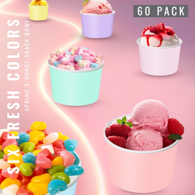 Jingmore 60 Pcs Paper Ice Cream Cups 9oz Colored Disposable Dessert Bowls for Hot or Cold Food Party Treat Cups for Birthday Baby Shower Easter Party Supplies (Pastel Color) - Image 2
