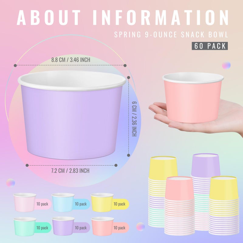 Jingmore 60 Pcs Paper Ice Cream Cups 9oz Colored Disposable Dessert Bowls for Hot or Cold Food Party Treat Cups for Birthday Baby Shower Easter Party Supplies (Pastel Color) - Image 1