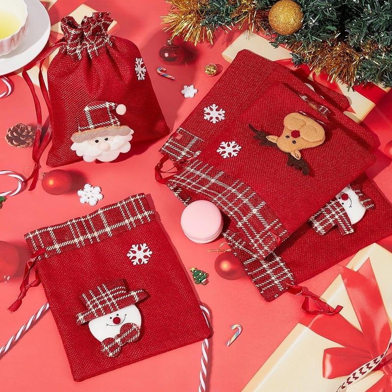 klarako 6Pcs Christmas Drawstring Gift Bags, 3 Styles Xmas Gift Bags Red Treat Pouch Bags Linen Packing Pouches Reusable Gift Wrapping Bags Holiday Party Favors Bags for Candy Wrapper Gift Supplies - Image 4