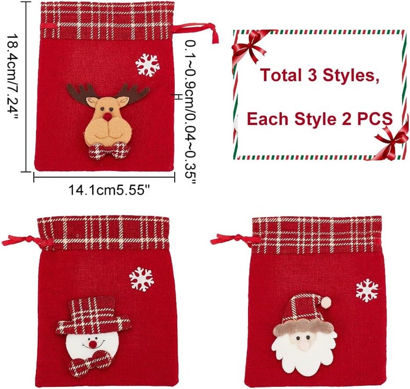 klarako 6Pcs Christmas Drawstring Gift Bags, 3 Styles Xmas Gift Bags Red Treat Pouch Bags Linen Packing Pouches Reusable Gift Wrapping Bags Holiday Party Favors Bags for Candy Wrapper Gift Supplies - Image 2