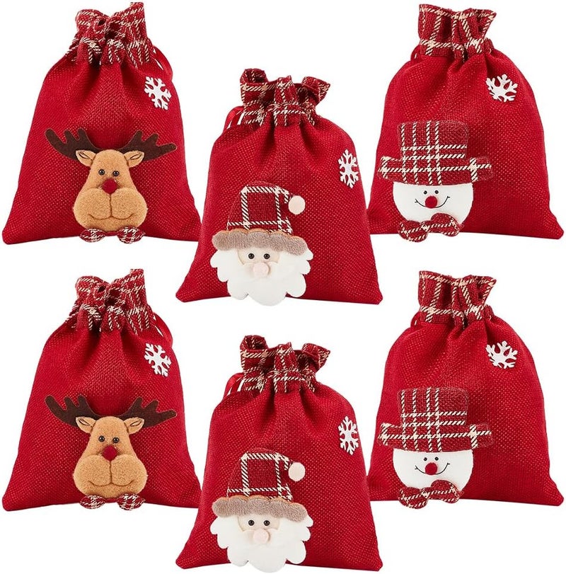 klarako 6Pcs Christmas Drawstring Gift Bags, 3 Styles Xmas Gift Bags Red Treat Pouch Bags Linen Packing Pouches Reusable Gift Wrapping Bags Holiday Party Favors Bags for Candy Wrapper Gift Supplies - Image 1