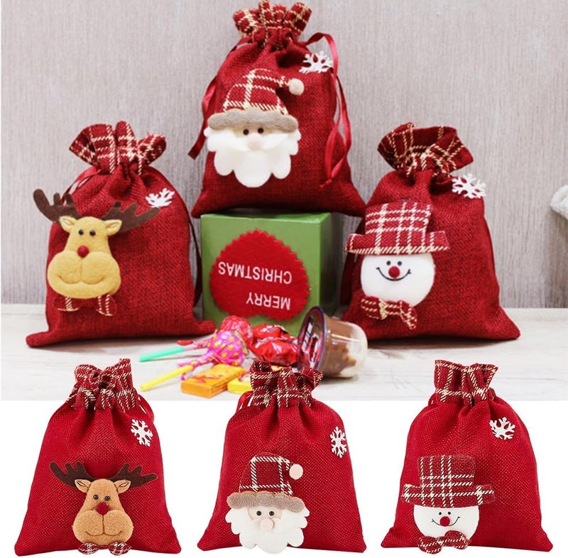 klarako 6Pcs Christmas Drawstring Gift Bags, 3 Styles Xmas Gift Bags Red Treat Pouch Bags Linen Packing Pouches Reusable Gift Wrapping Bags Holiday Party Favors Bags for Candy Wrapper Gift Supplies - Image 5