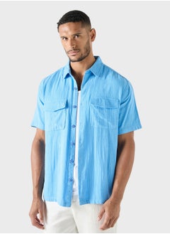 Textured Shirt with Short Sleeves and Front Pocket