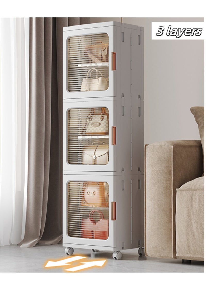 Foldable Storage Cabinet, 3 Tier Plastic Bathroom Storage Organizers with Doors and Wheels, Narrow Storage Bins Floor Organizer Boxes for Small Spaces Bathroom Kitchen Laundry (White, 3 Tier) - Image 1