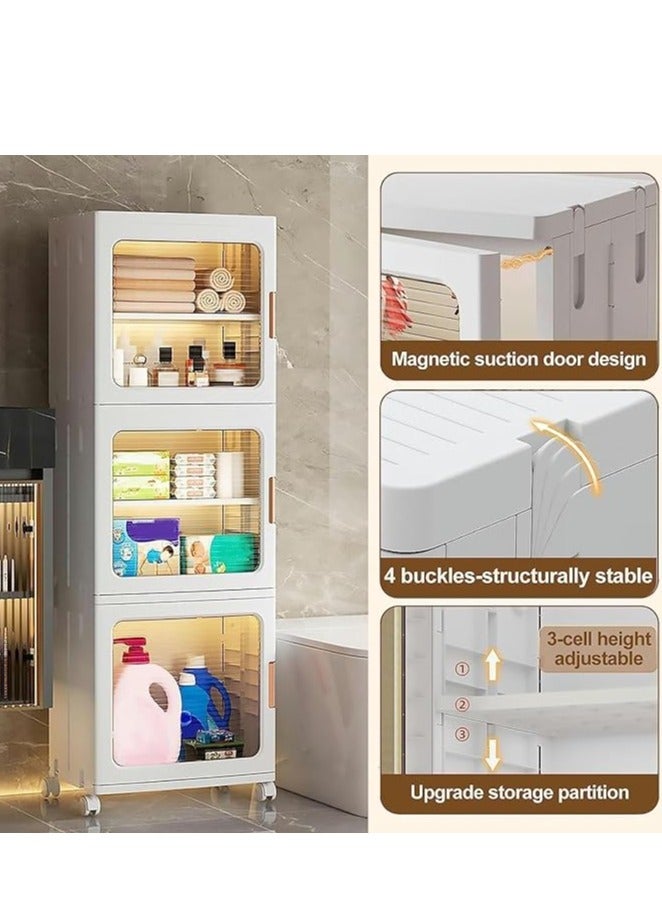 Foldable Storage Cabinet, 3 Tier Plastic Bathroom Storage Organizers with Doors and Wheels, Narrow Storage Bins Floor Organizer Boxes for Small Spaces Bathroom Kitchen Laundry (White, 3 Tier) - Image 2