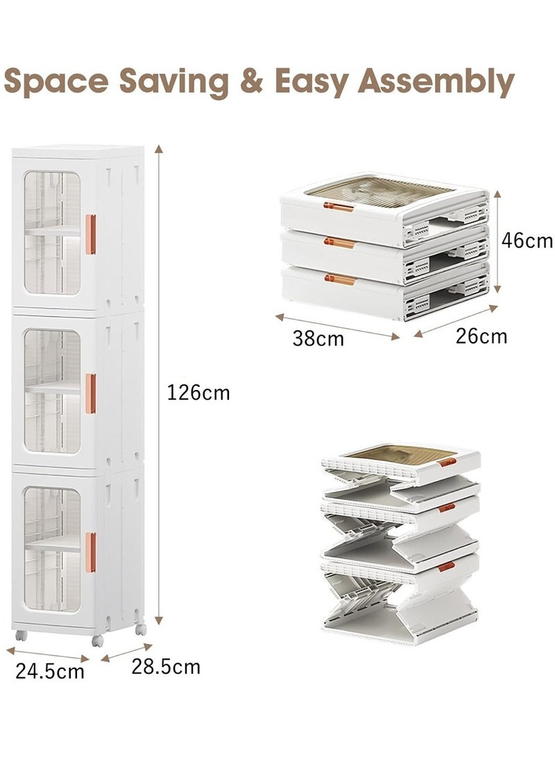 Foldable Storage Cabinet, 3 Tier Plastic Bathroom Storage Organizers with Doors and Wheels, Narrow Storage Bins Floor Organizer Boxes for Small Spaces Bathroom Kitchen Laundry (White, 3 Tier) - Image 3
