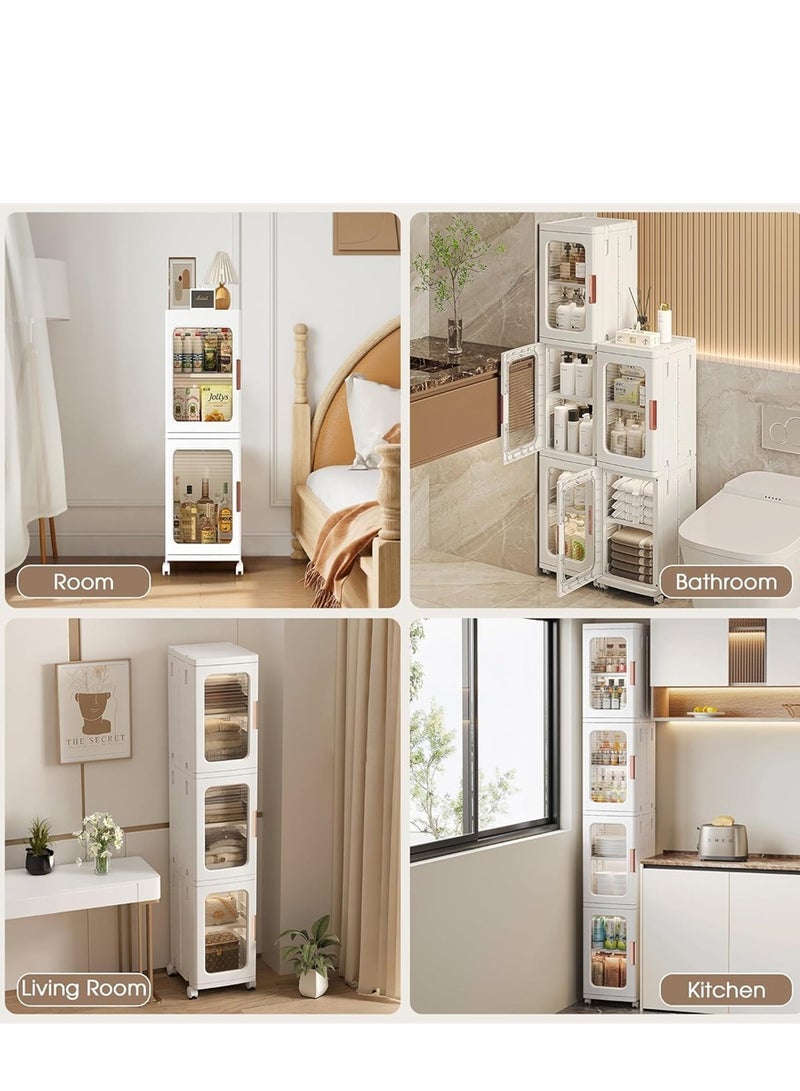 Foldable Storage Cabinet, 3 Tier Plastic Bathroom Storage Organizers with Doors and Wheels, Narrow Storage Bins Floor Organizer Boxes for Small Spaces Bathroom Kitchen Laundry (White, 3 Tier) - Image 4