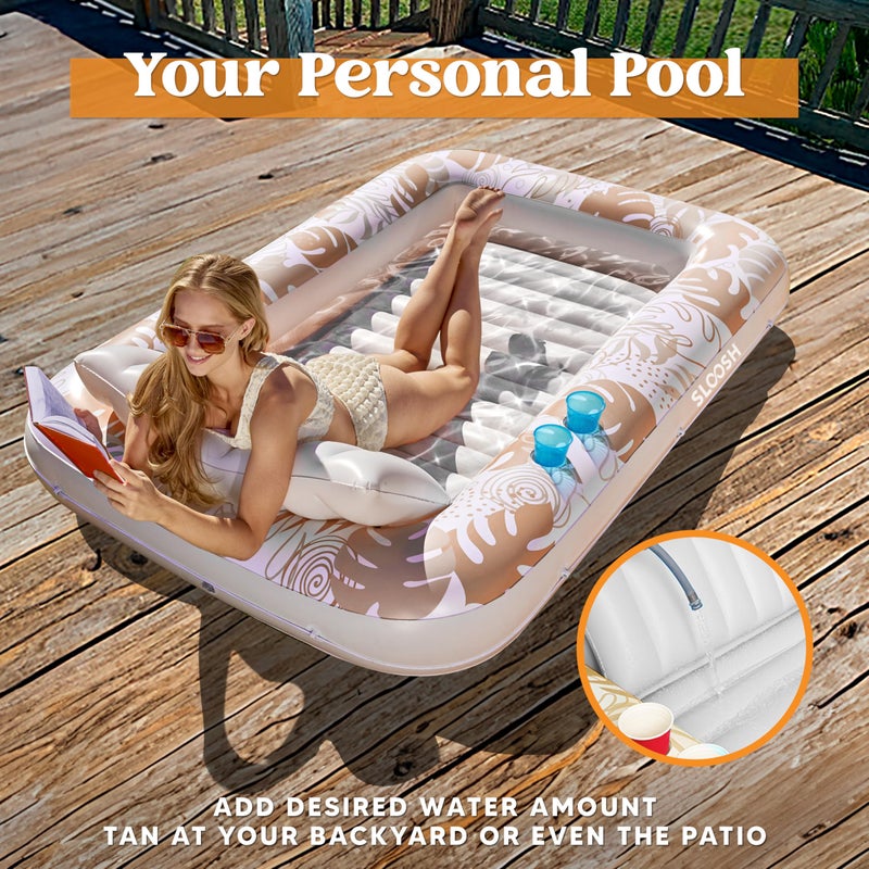 SLOOSH Inflatable Tanning Pool Lounger Float, 70" x 46" Pool Floats Adult with Pillow, 4 in 1 Suntan Tub Raft Floatie,Sunbathing Bed Lounge for Water Blow Up Kids Ball Pit Party Gifts, L-Golden White - Image 3
