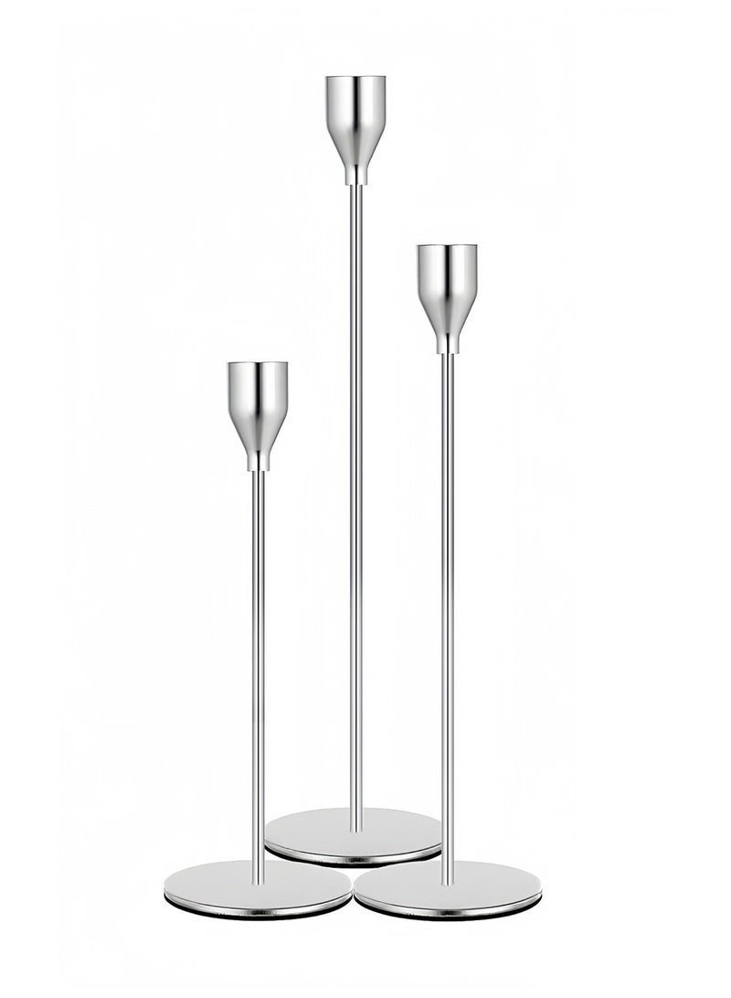 Candle Holders Set of 3 for Taper Candles, Decorative Candlestick Holder for Wedding, Dinning, Party, Fits 3/4 inch Thick Candle&Led Candles (Metal Candle Stand) (Silver) - Image 1