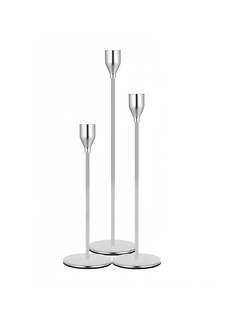 Candle Holders Set of 3 for Taper Candles, Decorative Candlestick Holder for Wedding, Dinning, Party, Fits 3/4 inch Thick Candle&Led Candles (Metal Candle Stand) (Silver) - Image 5