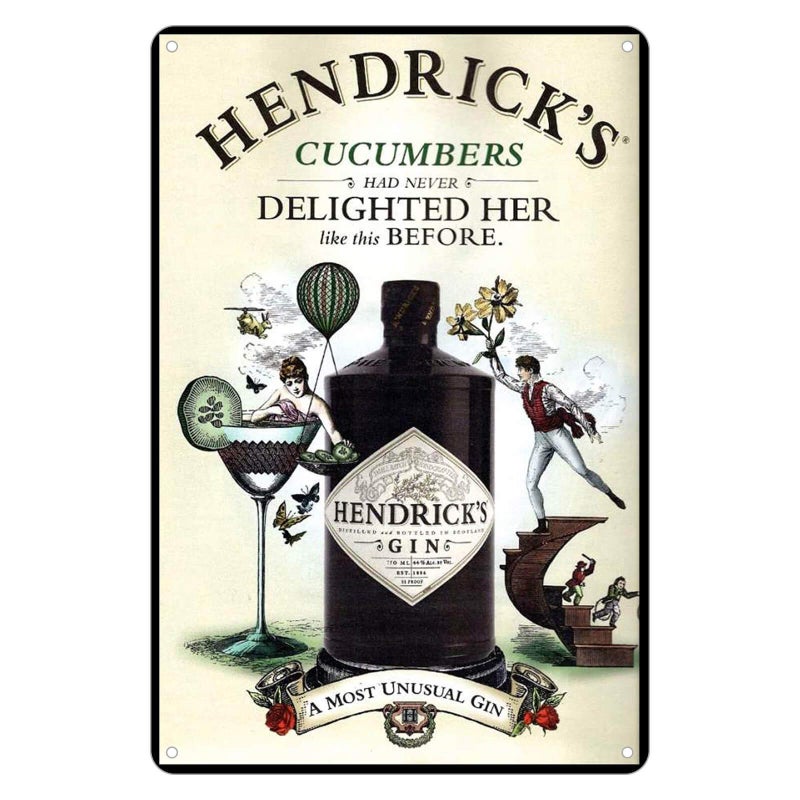 KENSILO Retro Tin Sign Hendricks Gin Never Delighted Her Like This Before Vintage Metal Advertising Wall Plaque Decor Art 8 x 12 inches