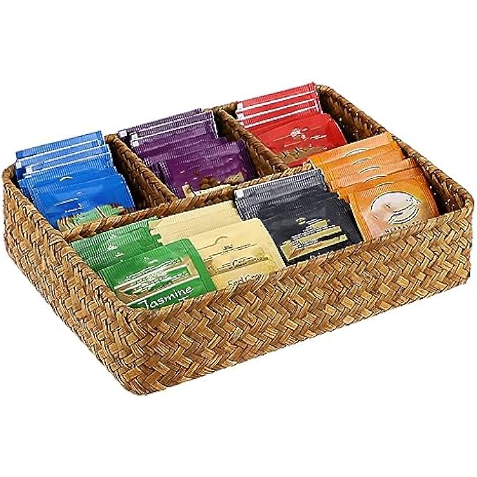 TERRIFI Tea Bag Tray Coffee Station Organizer  Brown  Tea Bag Sugar Packet And Coffee Pod Storage  Kitchen Coffee Bar Divided Basket  Drawer Shelf Countertop Holder - Image 1