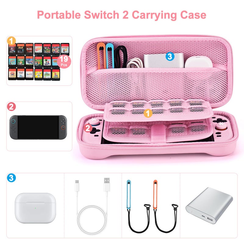 Younik Switch 2 Accessories Bundle, 15 in 1 Pink Switch 2 Accessories Kit for Girls Include Carrying Case, Shoulder Strap, Wrist Strap & Stickers, Protective Case for Switch Console & J-Con - Image 2