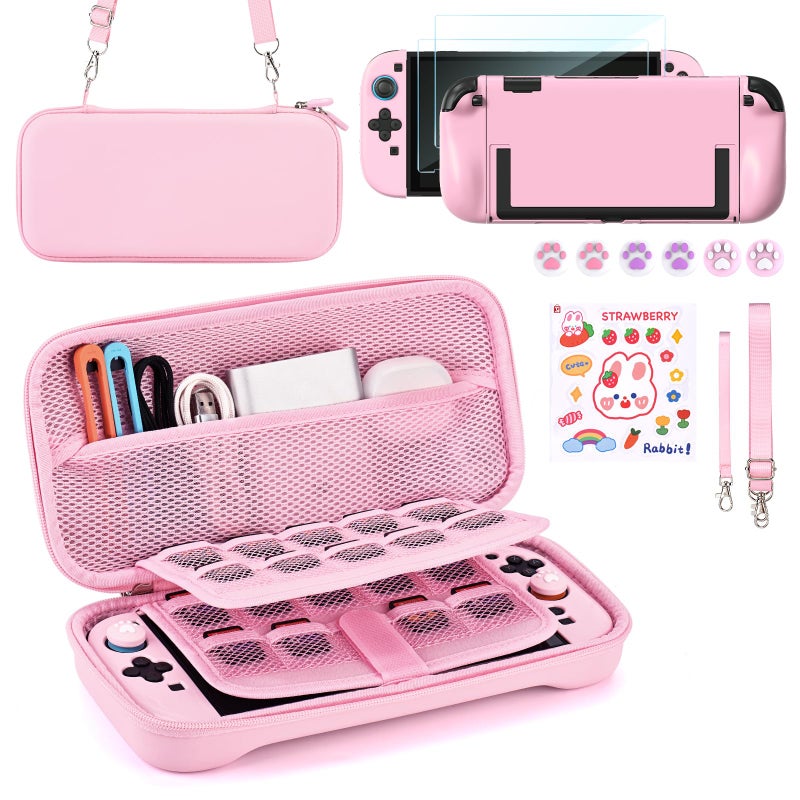 Younik Switch 2 Accessories Bundle, 15 in 1 Pink Switch 2 Accessories Kit for Girls Include Carrying Case, Shoulder Strap, Wrist Strap & Stickers, Protective Case for Switch Console & J-Con - Image 1
