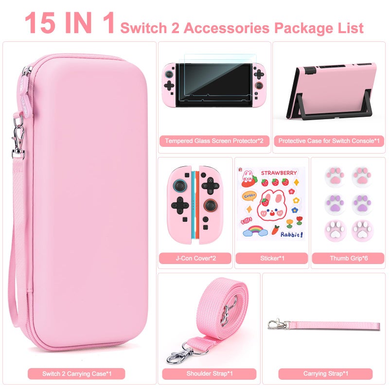 Younik Switch 2 Accessories Bundle, 15 in 1 Pink Switch 2 Accessories Kit for Girls Include Carrying Case, Shoulder Strap, Wrist Strap & Stickers, Protective Case for Switch Console & J-Con - Image 3