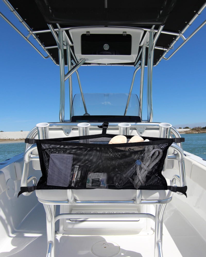 PLOZANO Boat Storage Bag with 3 Divisions, Adjustable Organizer, Mesh Tackle & Life Jacket Holder, Suspended Net for Leaning Post (32 INCH) - Image 1