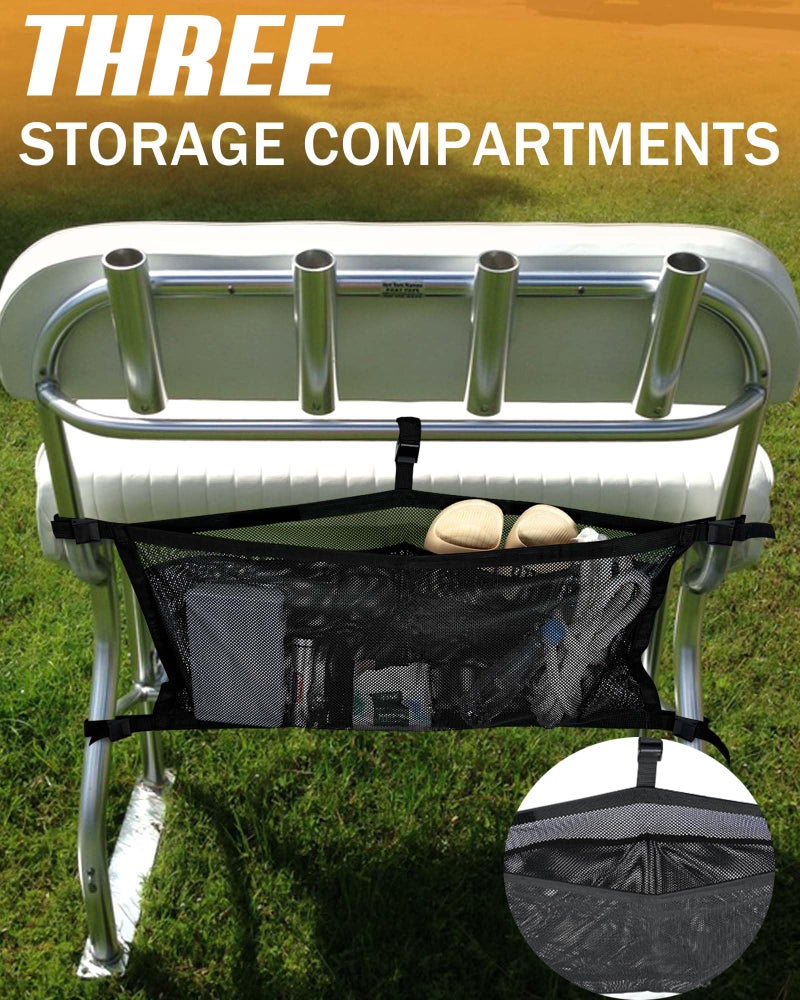 PLOZANO Boat Storage Bag with 3 Divisions, Adjustable Organizer, Mesh Tackle & Life Jacket Holder, Suspended Net for Leaning Post (32 INCH) - Image 3