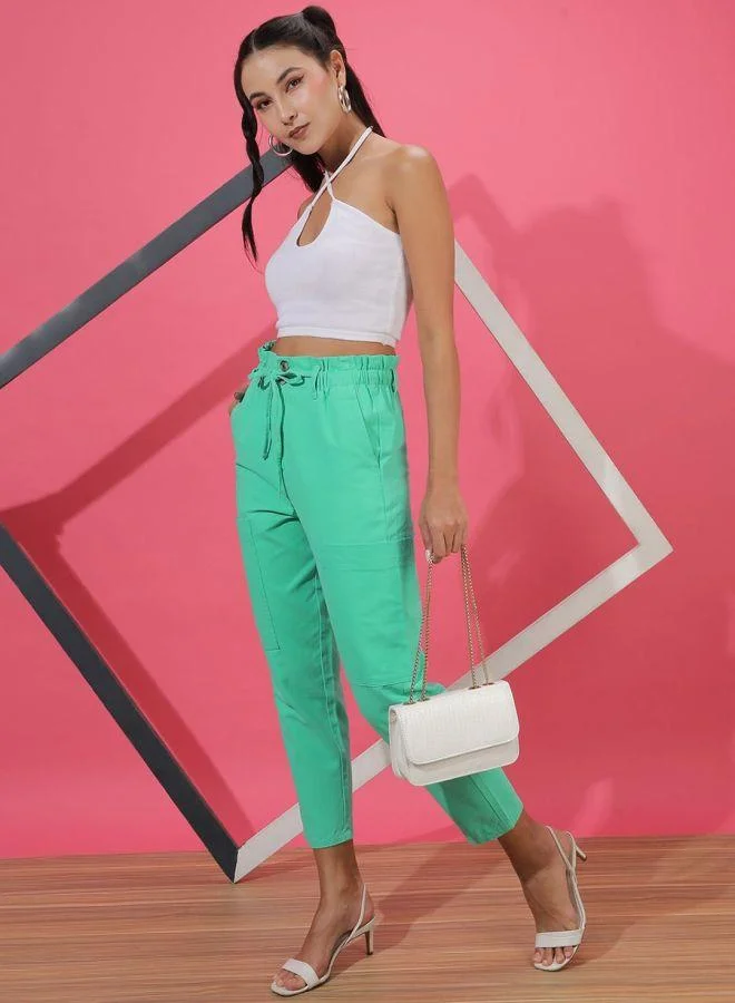 Freehand  Green Regular Fit Solid High-Rise Paperbag Trousers for Women | Best Price UAE