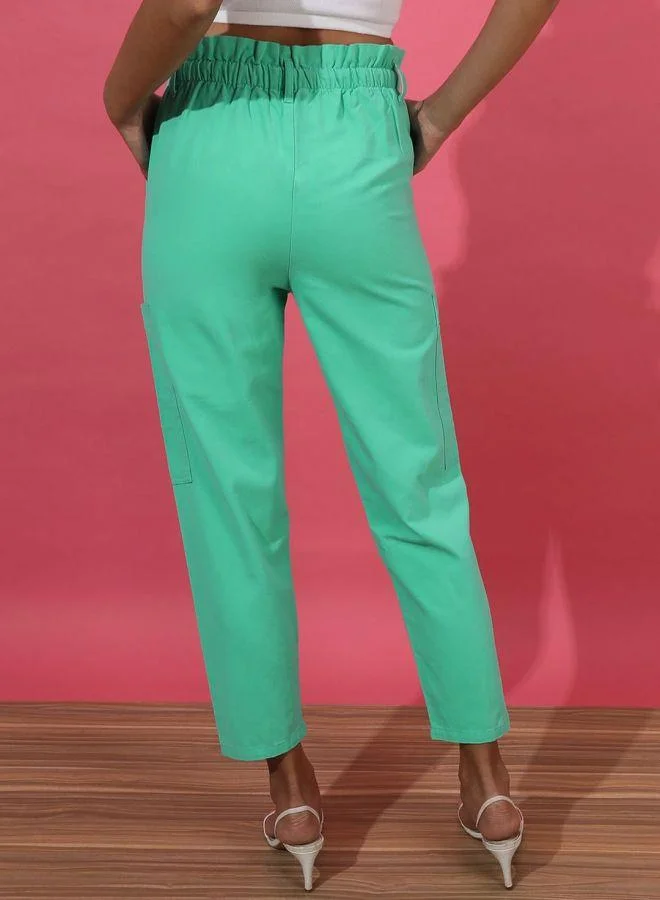 Freehand  Green Regular Fit Solid High-Rise Paperbag Trousers for Women | Best Price UAE