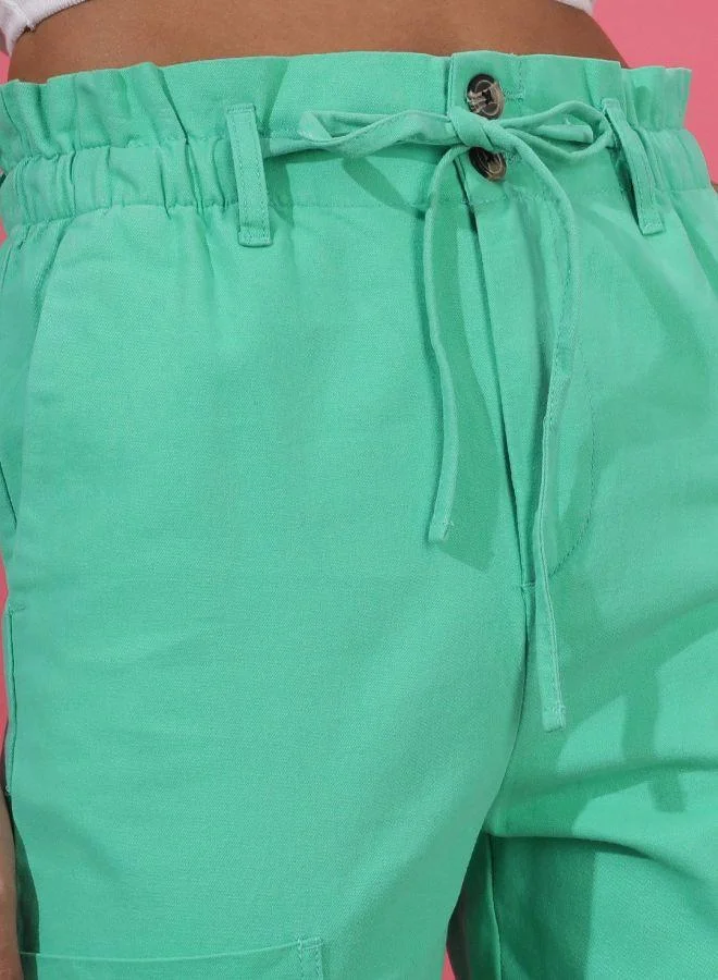 Freehand  Green Regular Fit Solid High-Rise Paperbag Trousers for Women | Best Price UAE