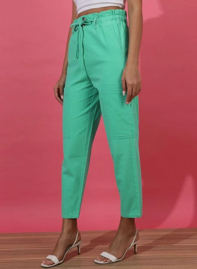 Freehand  Green Regular Fit Solid High-Rise Paperbag Trousers for Women | Best Price UAE