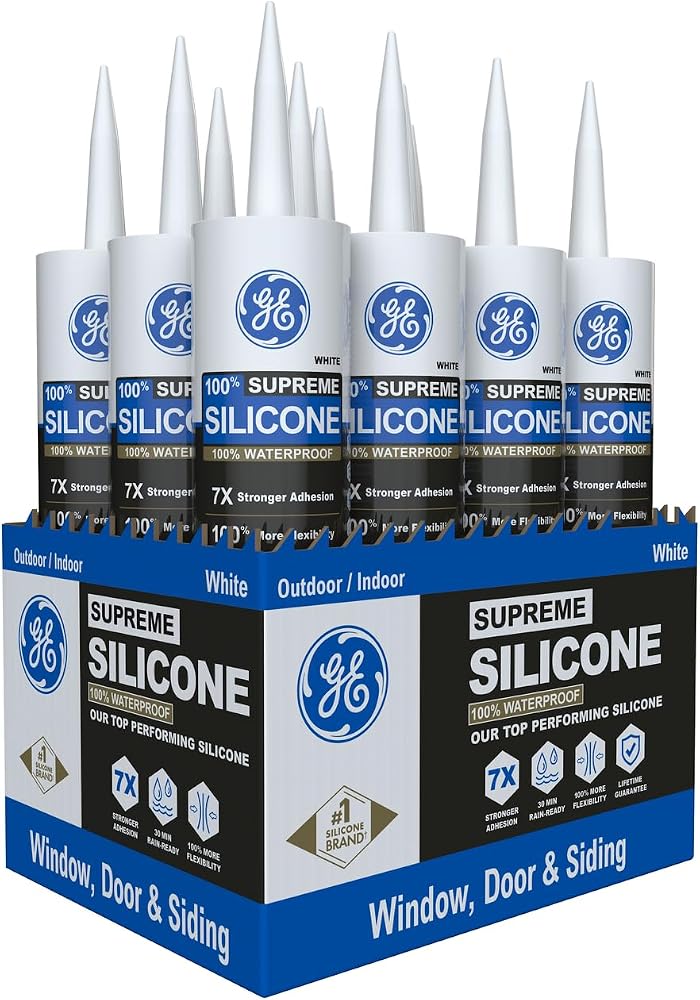 جي إي 1 GE Supreme سدادة سيليكون للنوافذ والأبواب، أبيض، خرطوشة 10 أونصة سائلة، 12 قطعة - مانع تسرب سيليكون مقاوم للماء 100%، التصاق أقوى 7 مرات، مقاوم للانكماش والتشقق - Image 1