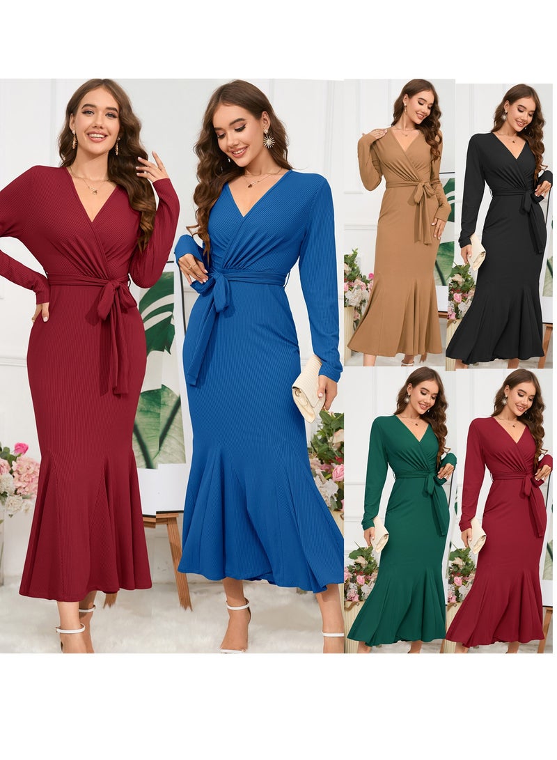 KUYING New V-Neck Long Sleeved Slim Fit Style Fishtail Skirt Knitted Long Dress Dress  - Image 2