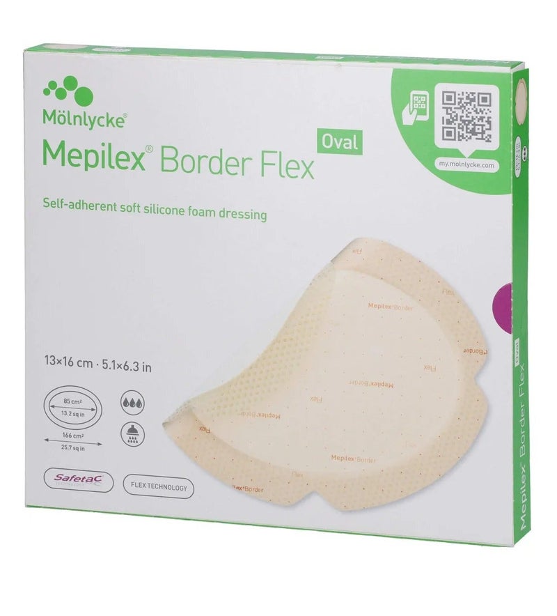 Molnlycke Meplex Molenlec® Border Flex Oval Flexible Bandages 13 x 16 cm (5.1 x 6.3 in), Prone Position, Cefatac Technology, Box of 5, REF583300 - Image 1