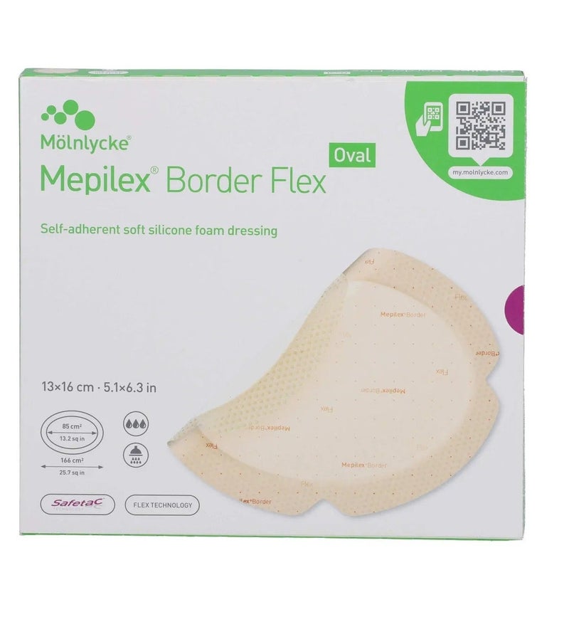 Molnlycke Meplex Molenlec® Border Flex Oval Flexible Bandages 13 x 16 cm (5.1 x 6.3 in), Prone Position, Cefatac Technology, Box of 5, REF583300 - Image 3