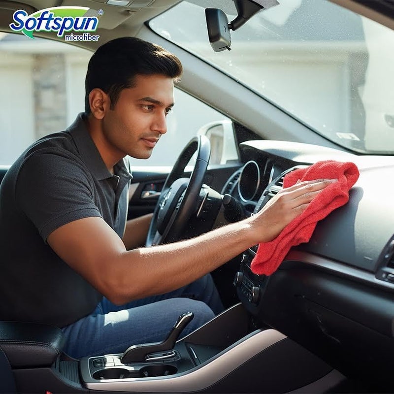 سوفتسبون مناديل قطن دقيق من SOFTSPUN، 4 قطع، مقاس 40×40 سم، وزن 340 جرام/متر مربع، بلون أحمر، سميكة ولا تترك خطوط أثناء الاستخدام، متعددة الاستخدامات، مناسبة لتنظيف وتلميع وغسيل السيارات والدراجات. - Image 4