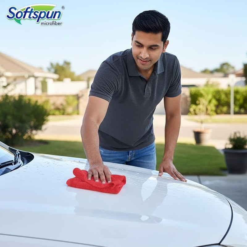 سوفتسبون مناديل قطن دقيق من SOFTSPUN، 4 قطع، مقاس 40×40 سم، وزن 340 جرام/متر مربع، بلون أحمر، سميكة ولا تترك خطوط أثناء الاستخدام، متعددة الاستخدامات، مناسبة لتنظيف وتلميع وغسيل السيارات والدراجات. - Image 5