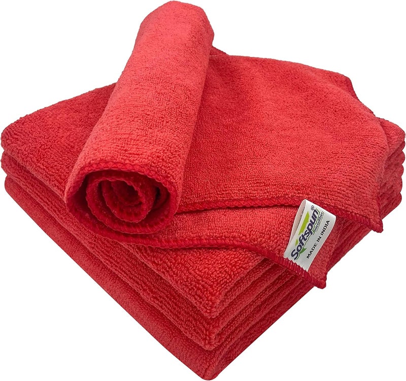 سوفتسبون مناديل قطن دقيق من SOFTSPUN، 4 قطع، مقاس 40×40 سم، وزن 340 جرام/متر مربع، بلون أحمر، سميكة ولا تترك خطوط أثناء الاستخدام، متعددة الاستخدامات، مناسبة لتنظيف وتلميع وغسيل السيارات والدراجات. - Image 1