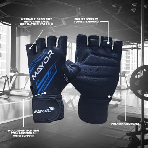 Mayor Tesla Gym Gloves (Free Size) Men & Women with Wrist Support Accessories, Gloves for Gym Workout, Training and Exercise with Pullers, Gym Gloves for Weightlifting (Black/Blue) - Image 3