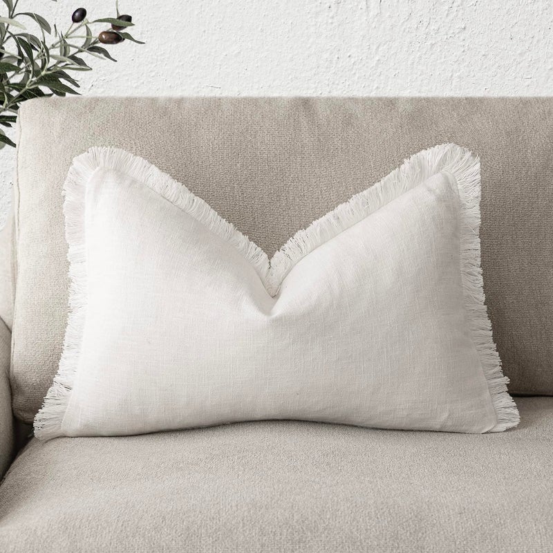 Foindtower Foindtower Decorative Linen Fringe Lumbar Throw Pillow Covers Cozy Boho Farmhouse Cushion Cover with Tassel Soft Accent Pillowcase for Sofa Bed Living Room Home Decor  12?20 Inch  1PC  Cream White  - Image 1